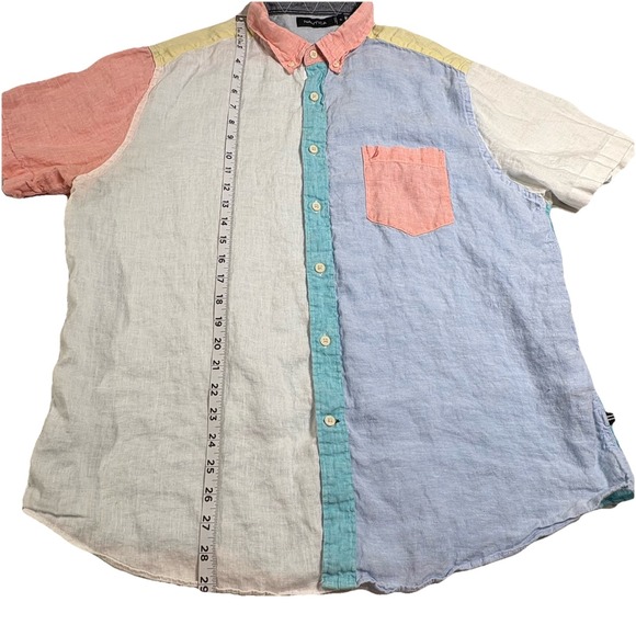 Nautica 100% Linen Mens Size‎ XL Color Block Button Down Short Sleeve Multicolor - Picture 6 of 7